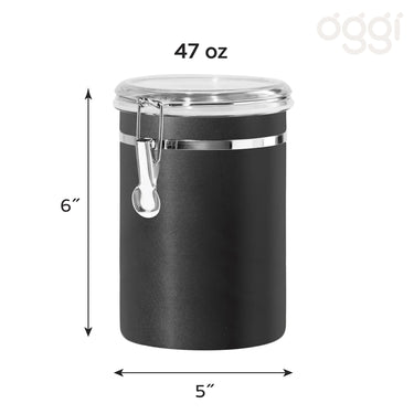 Oggi Stainless Steel Kitchen Canister 47 fl oz, Black - Airtight Clamp Lid, Clear See-Thru Top - Ideal for Kitchen Storage, Food Storage, Pantry Storage. Large Size 5